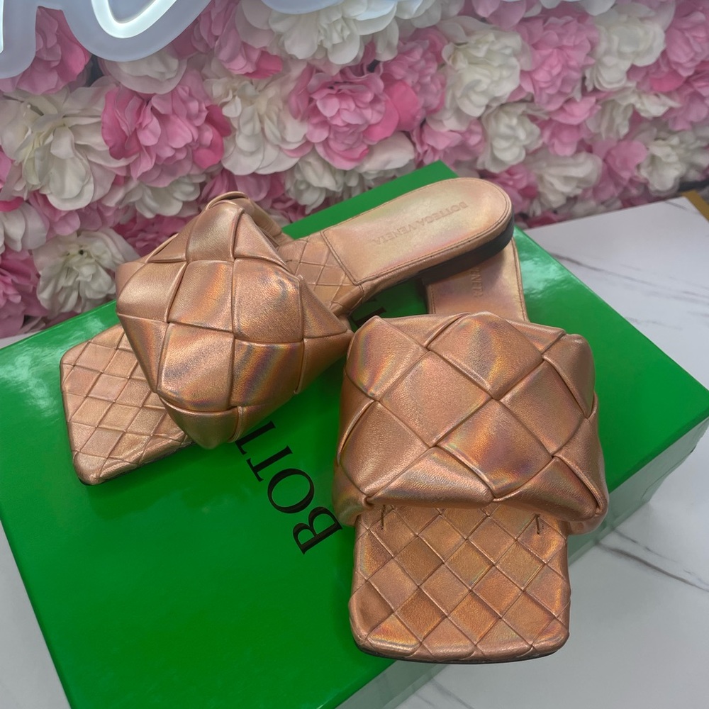 Bottega Veneta Metallic Bronze Quilted Slides